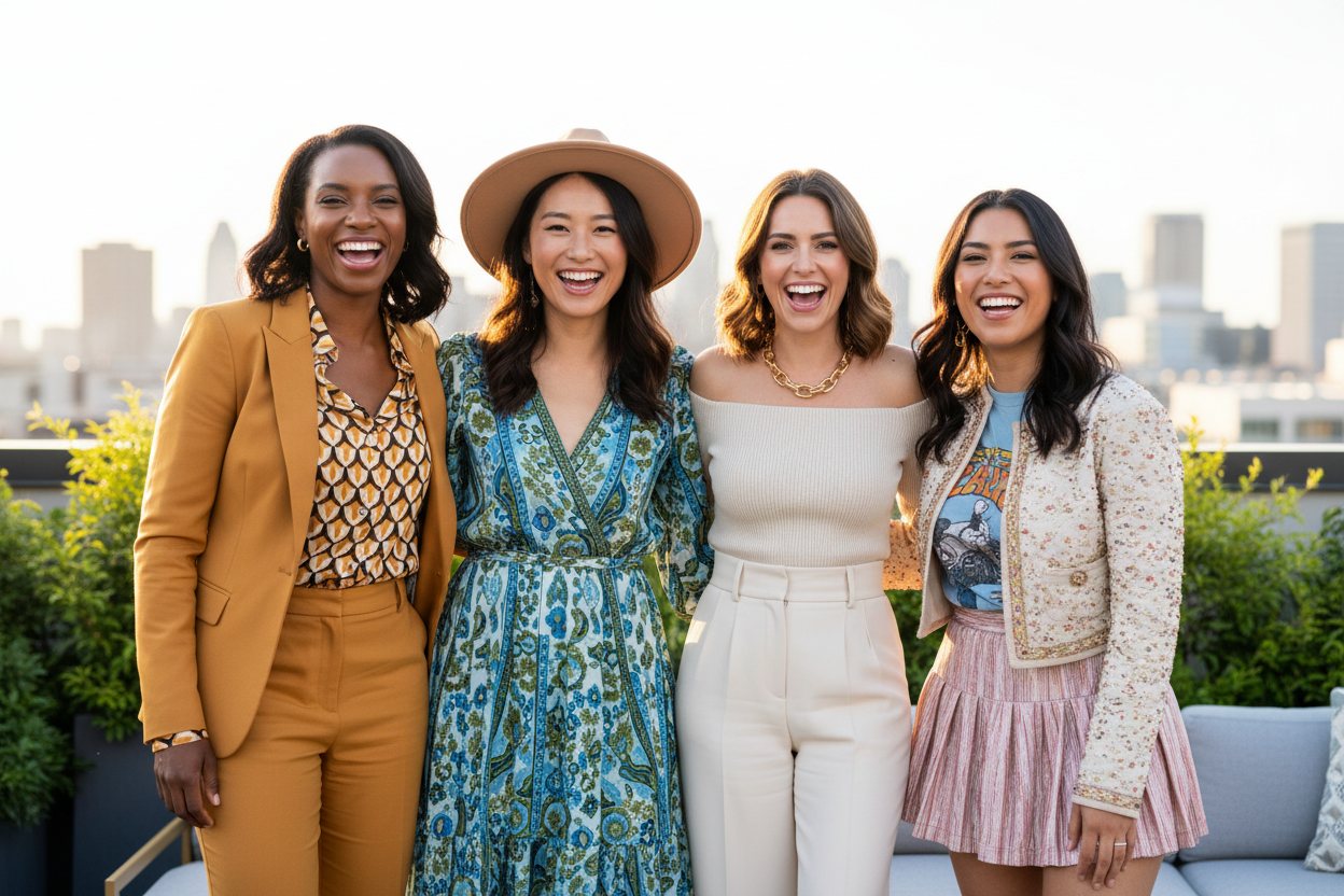 like the image I have now diverse women smiling for a photo together about 4 of them different races and fashhionable